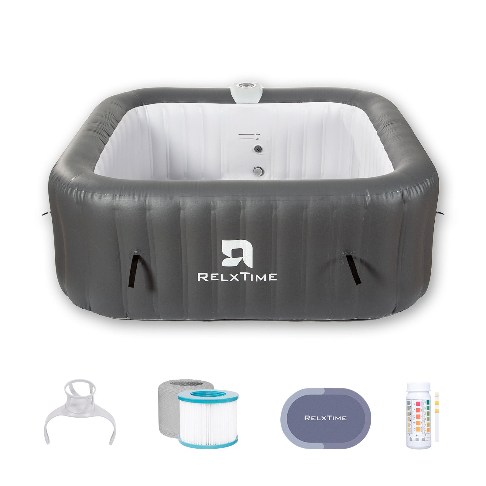 RELXTIME 73*73 inch Portable Square Inflatable Massage Pool for 4-6 People Outdoor Spa with 130 Bubbling Massage Jets, Built-in Heating Pump with Two Cartridges, Gray FathersDayGift Seat Cushions Relaxation QJW6002